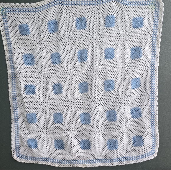 Handmade Blue and White Crochet Nighstand Cover 34" X 35" Grannysquare - Picture 3 of 10